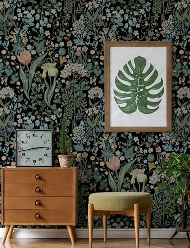 Toduso Peel and Stick Wallpaper Vintage Wall Paper Black Floral Contact Paper by Toduso