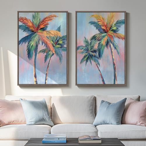 Large Framed Coastal Colorful Palm Tree Wall Art by Cuspin