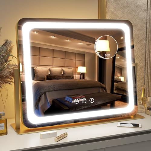 FENNIO Gold Vanity Mirror with Lights 22"x17", LED Lighted Makeup Mirror by FENNIOLEDMIRRORS