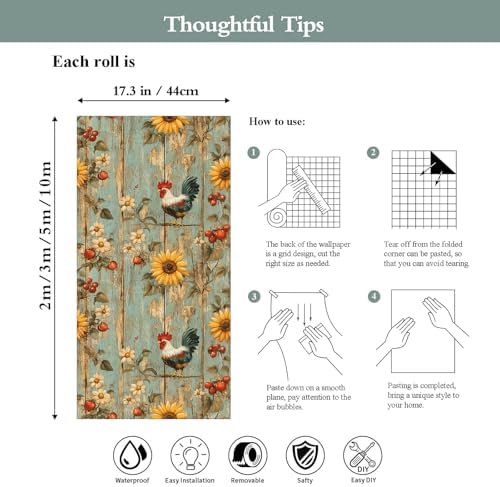 Sunflowers Rooster Peel and Stick Wallpaper 17.3"x78.7" Wood Vintage Non-Woven - Image 7
