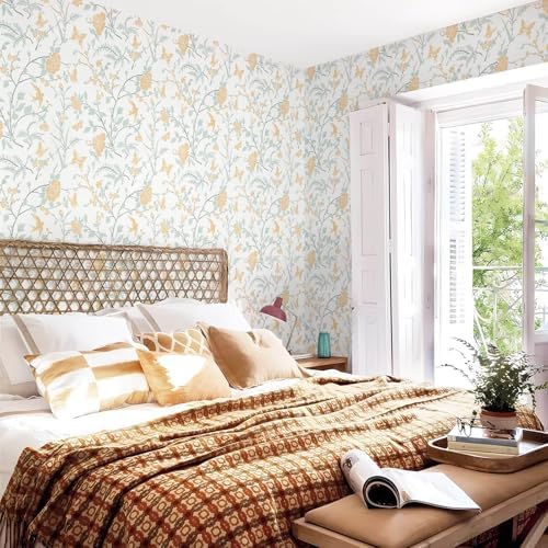 Yellow Wallpaper Floral Peel and Stick Wallpaper Boho Light Blue and Yellow - Image 4
