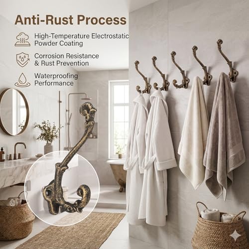 Chumia 6 Pack Rustic Wall Hooks Heavy Duty Cast Iron Brass Coat Hooks - Image 3