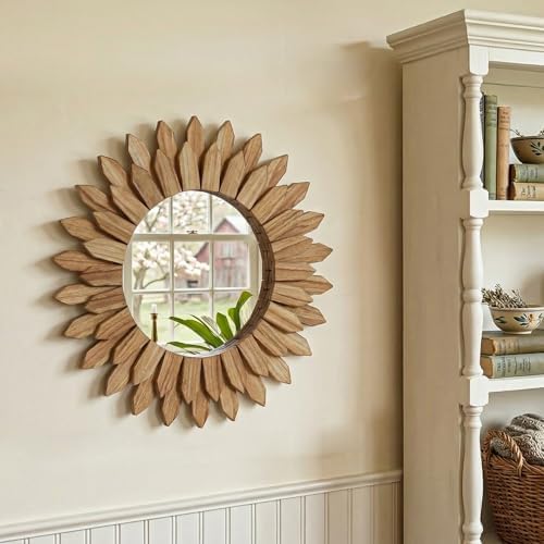 28" Round Sunburst Wooden Mirror Boho Rustic Wall Decor - Image 3