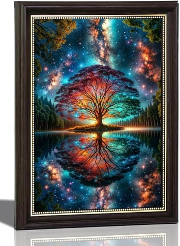 Black Gold Framed Tree of Life Canvas Wall Art Starry sky reflection Pictures by ZLXARTLA