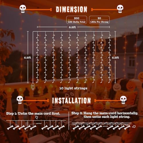 JMEXSUSS Orange Curtain Lights for Halloween, USB Plug in, 200 LED - Image 7
