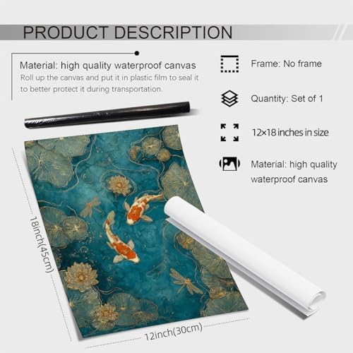 Japanese Koi Fish Zen Canvas Wall Art Traditional Oriental Asian Prints 12x18in - Image 2