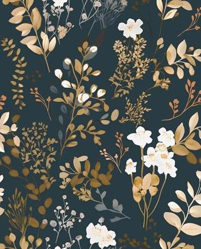 Laatse Vintage Dark Navy Gold Floral Peel and Stick Wallpaper 17.5"x787" by Laatse