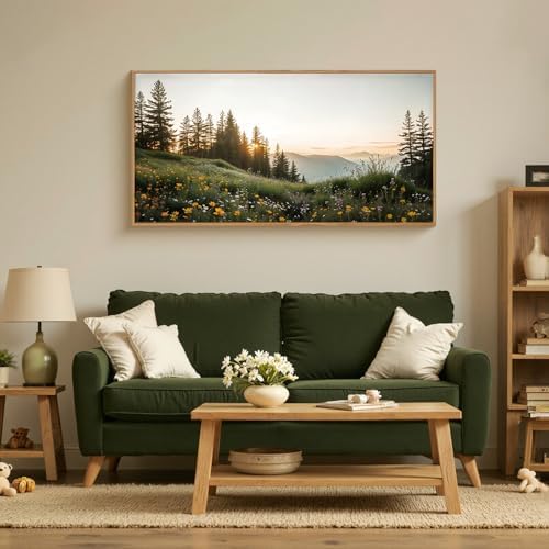 FWIEXA Green Forest Mountain Framed Canvas Wall Art Set, Wildflower Meadow Wall - Image 5