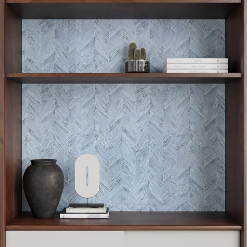 VaryPaper 15.7" x 315" Light Blue Herringbone Grasscloth Peel and Stick - Image 4