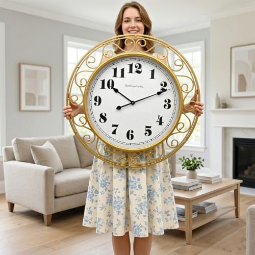 SwallowLiving 30 Inch Vintage Iron Large Gold Metal Frame Wall Clock Silent by SwallowLiving