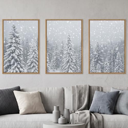 Snowy Christmas Tree Natural Woodland Framed Canvas Wall Art Set- 16"x24"x3 by Aryroi