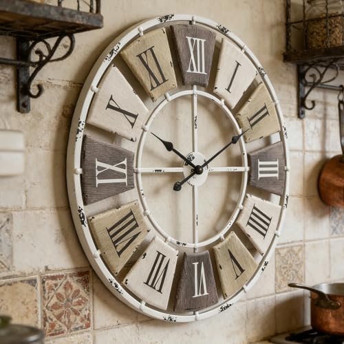 16" Distressed Metal Wall Clock, Roman Numeral Farmhouse Decor - Image 6