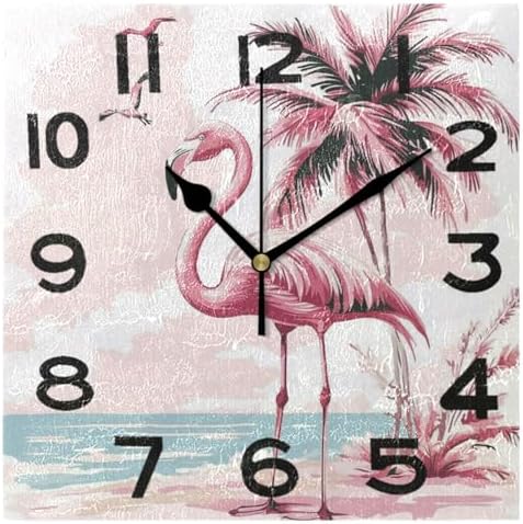 Seaside Tropical Pink Flamingos Square Wall Clock, 8 Inch Standard Non Ticking by Peystean