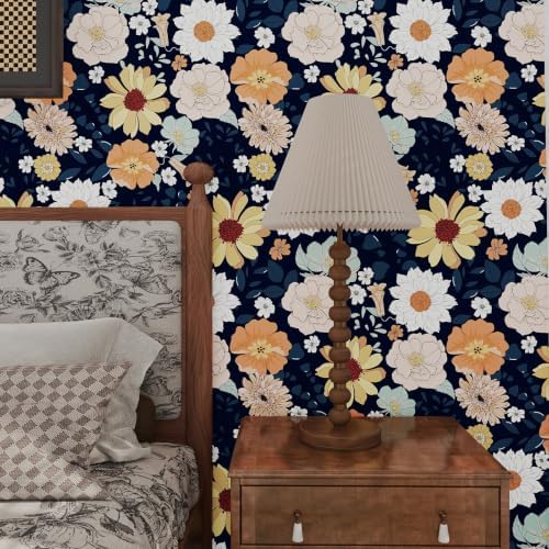 17.7" x 118" Boho Peel and Stick Wallpaper Navy Blue Flower Leaf Vintage Floral - Image 3