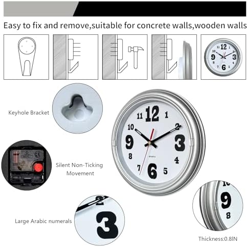 WANGIRO 8" Compact Wall Clock Silent Non-Ticking Battery Powered Silver - Image 4