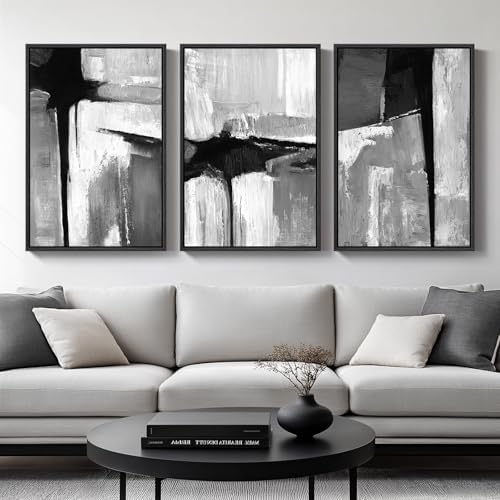 Large Framed Black and White Gray Abstract Wall Art Set, 3 Piece 24x36 Inch by Cuspin