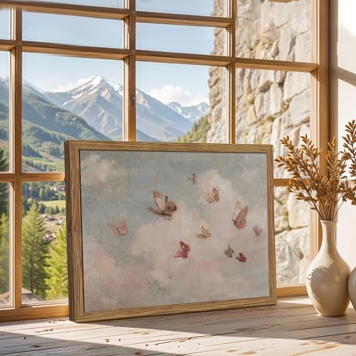 Framed Vintage Butterfly Canvas Wall Art, Dreamy Cloud Butterfly Poster Print - Image 2