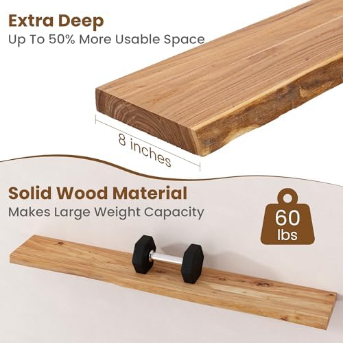 FLYJOE Floating Shelves for Wall Decor, Rustic Solid Elm Wood Live Edge - Image 5