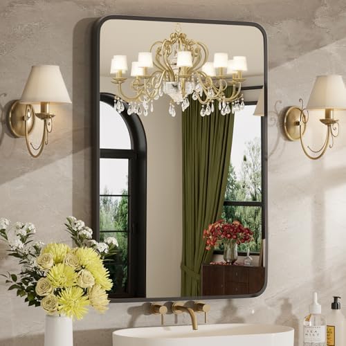 24"x32" Bathroom Mirrors for Over Sink, Matte Black Rectangle Vanity Mirror by MZON
