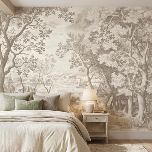 Beige Forest Peel and Stick Wallpaper Landscape Wall Mural by LOOWAP