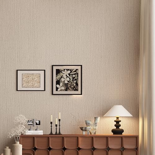 24"x393" Light Brown Fabric Peel and Stick Flax Textured Wallpaper - Image 2