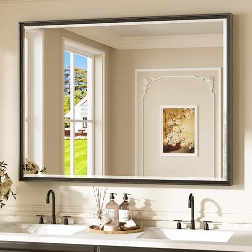 Keonjinn 48" x 36" Black Framed Bathroom Mirror, Rustproof Aluminum Alloy by Keonjinn