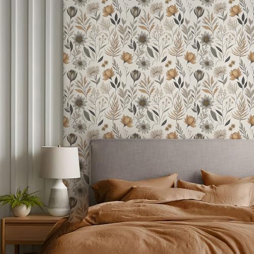 REDAMANCY Vintage Boho Wildflower Yellow Grey Flowers Peel and Stick Wallpaper - Image 6
