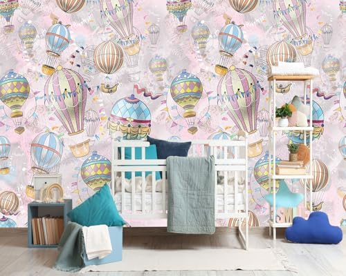 -Cartoon Pink hot air Balloon Nursery Backdrop Large Fabric Wallpaper Kids - Image 2