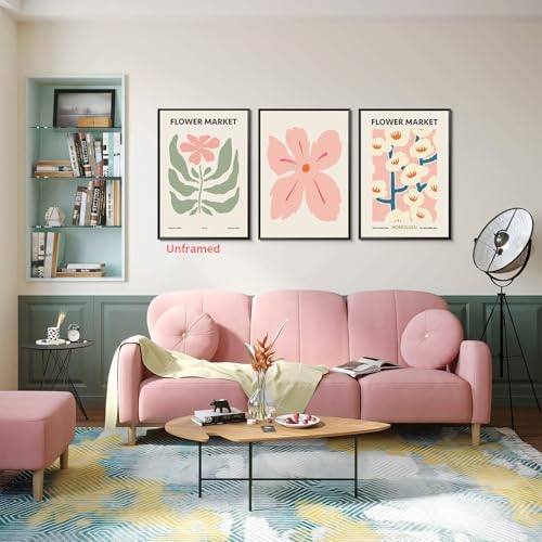 Yaneiro Pink Flower Market Wall Art Set of 3, Colorful Wildflowers Floral - Image 2