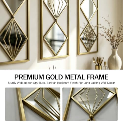 Set of 3 Gold Wall Mirrors, Large Geometric Decorative Mirrors - Image 3