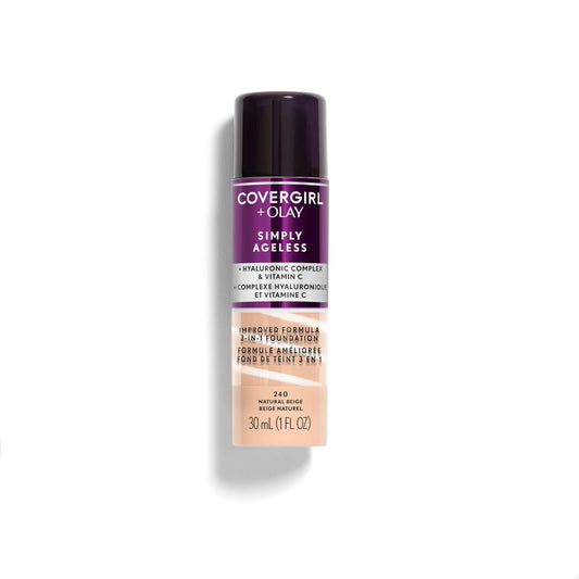 COVERGIRL & Olay Simply Ageless 3-in-1 Liquid Foundation, Matte Finish, Hyaluronic & Vitamin C Formula, 240 Natural Beige, 1 Count