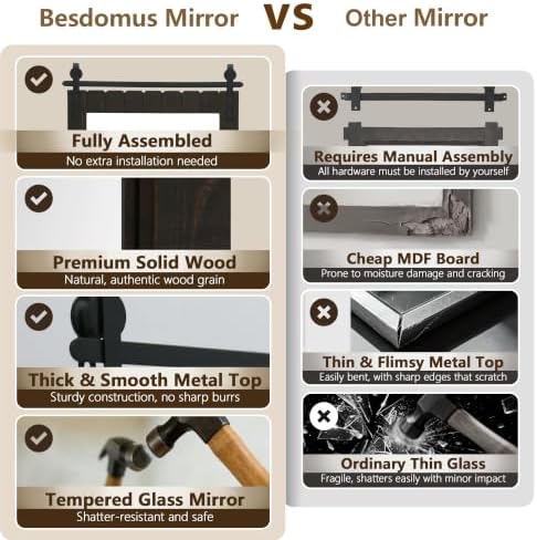 Besdomus Rustic Bathroom Vanity Mirror: 22"x30" Brown Farmhouse Barn Door - Image 4