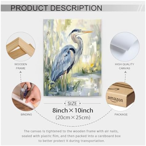 Blue Heron Canvas Wall Art Watercolor Sea Bird Poster 08x10 inch Framed Coastal - Image 2
