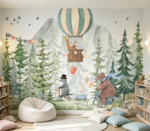 Cute Watercolor Forest Animals Hot Air Balloon Kids Wallpaper Peel & Stick - Image 3