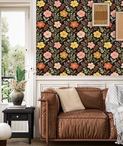 ILHIIOR Black/Orange Floral Peel and Stick Wallpaper 17.5 x 118 Inches - Image 4