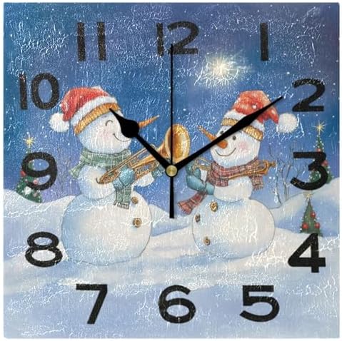 Moderate 8 Inch Square Wall Clock, Happy Snowmen Play Musical Christmas Non by Peystean