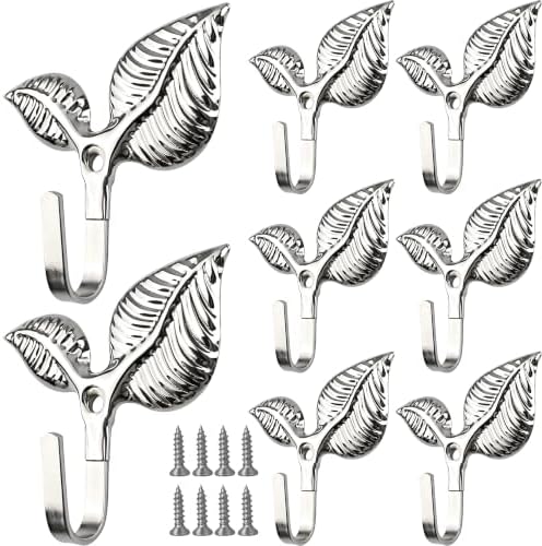 Set of 8 Vintage Leaf Wall Hooks Silver Metal Coat Hooks Heavy Duty Decorative by Unknown