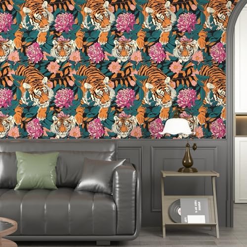 BOKEBEVE Tiger Floral Wallpaper Peel and Stick Vintage Orange 17.5 x 787In - Image 2
