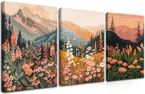 Framed Wildflower Mountain Landscape Wall Art Set of 3, Colorful Floral Wall by Unknown