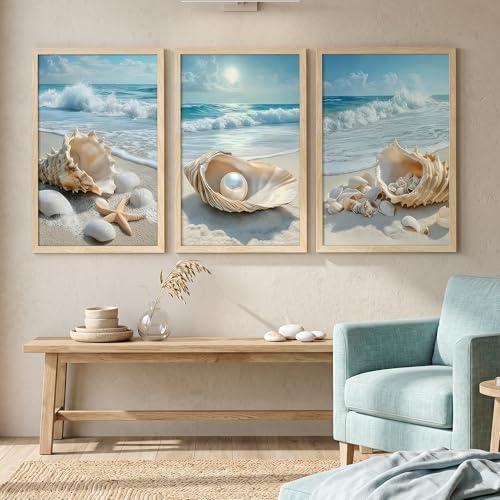 SYWENNOI Triptych Coastal Shell Pearl Framed Canvas Wall Art 20x30 inch x3 - Image 3
