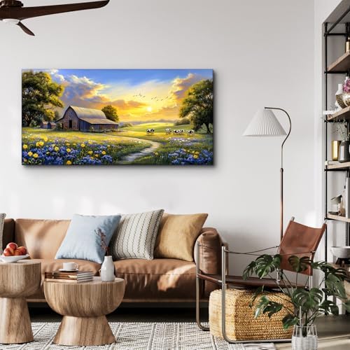 crmotu Rustic Farmhouse Wall Art, Farm Cow Sunset Paintings 20X40 In - Image 2