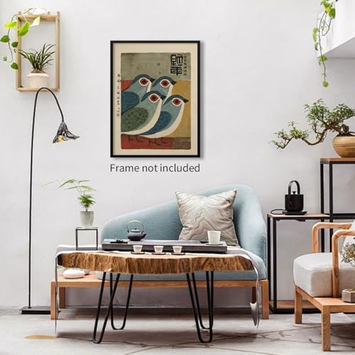 WIUHIO Mid Century Japanese Bird Wall Art Retro Blue Bird Canvas Poster Modern - Image 6