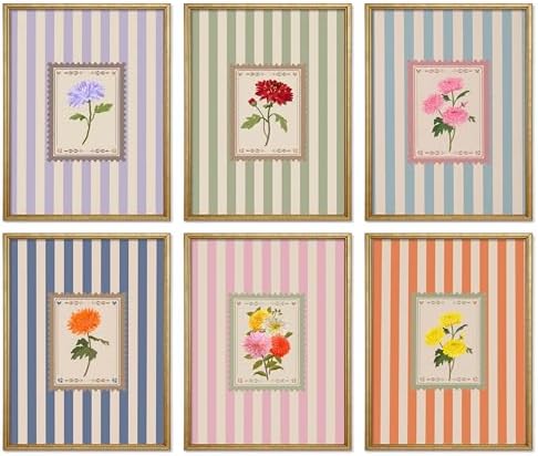 Vintage Floral Posters Wall Art Set of 6, Coquette Cute Stripe Botanical Stamp by Unknown