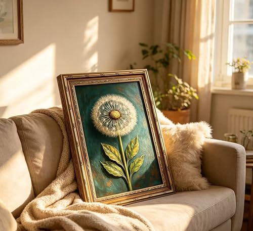 Vintage Gold Framed Dandelion Wall Art, Teal Background Botanical Canvas Oil - Image 4