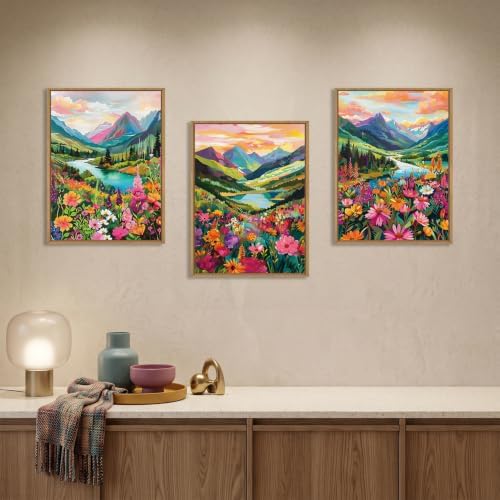 Boho Wildflower Framed Canvas Wall Art, Abstract Mountain Landscape Wall Decor - Image 2
