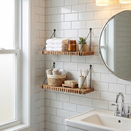 Hanging Shelves for Wall – Rustic Mango Wood Wall Shelves Set of 2 | Floating by MOXLY