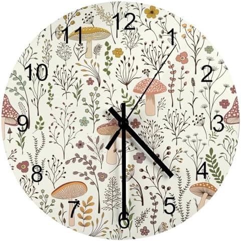 Botanical Wood Wall Clock, Colorful Mushroom Floral Green Leaves Boho Plants by LOMADIA