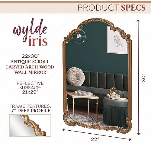 Wylde Iris English Estate Carved Arch Wood Wall Mirror, Mirror - Image 3
