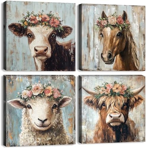 Animal Wall Art Highland Cow Wall Decor Rustic Flower Pictures Farmhouse Animal by BLBORLINART