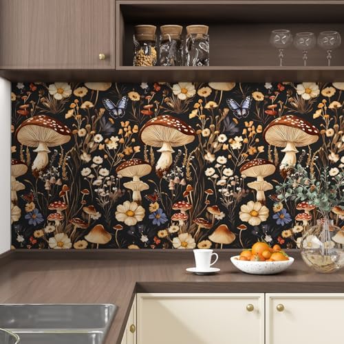 BOKEBEVE Mushoroom Wallpaper Peel and Stick Boho Black Brown 17.5 x 393.5In - Image 3